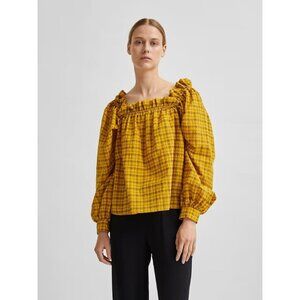 SELECTED FEMME Checkie Yellow Check Balloon Sleeve Peasant Blouse, Size 34